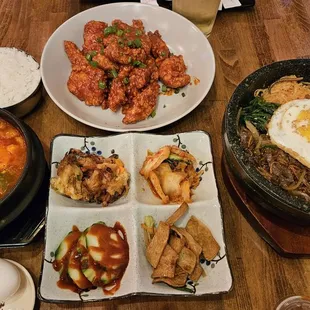 Soft tofu stew with pork, bulgogi dolsot bibimbap, yangnyeom chicken