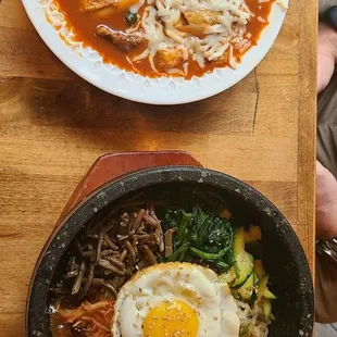 Beef Bulgogi Tteokbokki and Chicken and Veggie Bibimbap