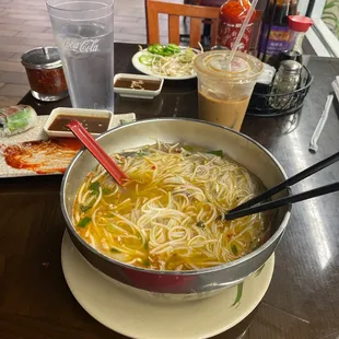 Pho w/brisket pork spring roll and Vietnamese coffee.