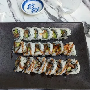 Eel &amp; cucumber roll, spicy tuna &amp; avocado roll and crispy shrimp tempura &amp; avocado roll