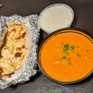 Butter Chicken, rice, and plain naan.