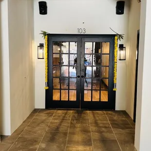 the entrance to a restaurant