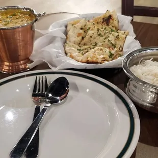 Garlic naan, rice and veggie korma? It was all yummy.