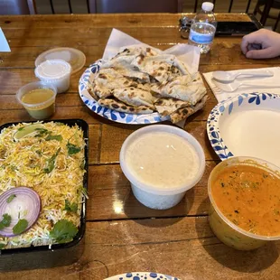 Chicken Biryani, Chicken Tikka Masala, and naan