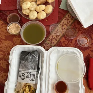 samosa, pani puri, paneer and chicken kathi roll