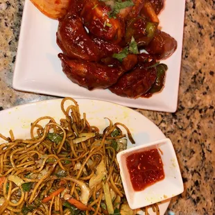 Veg Chow Mein and Chili Momo