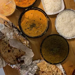 Butter chicken, Tikka Masala, Lamb Saag and Garlic Naan