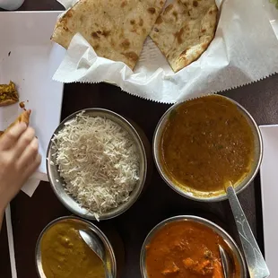 Chicken tiki masala, lamb Shai korma, and dal namaste