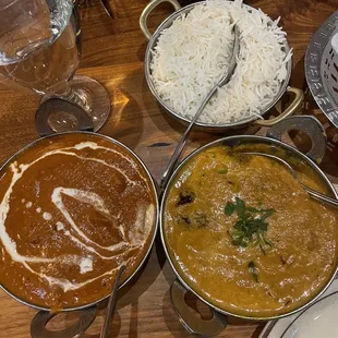 Butter Chicken, eggplant dish, rice and naan (not pictured)
