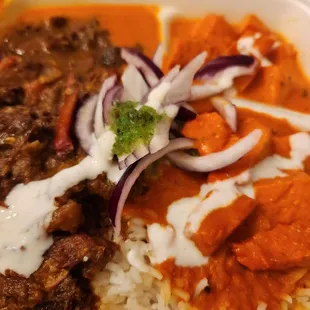 Chicken Tikka masala, basmati rice and goat, so delish