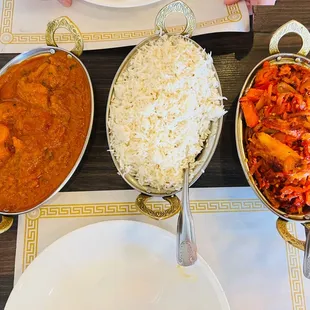 fish curry, rice, chile chicken