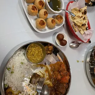 Panipuri, Lunch special plate (daal, chicken tikka, chicken curry, aloo, &amp; vegetable pakora), garlic naan, Gulab Jamoon