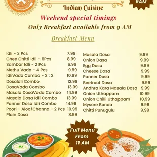 Weekend Breakfast menu