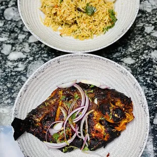 Whole tandoor fish, Dum biryani.