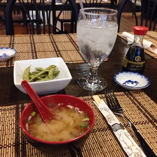 Starting my meal right with edamame and miso soup