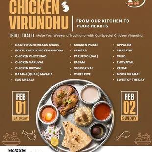 A feast to remember!  Enjoy our Weekend Lunch Special Chicken Virundhu at Namma Restaurant, Milpitas. Authentic flavors, endless joy!