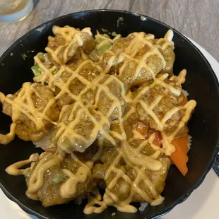 Tempura Shrimp Poke Bowl with avocado &amp; steamed carrot slices.