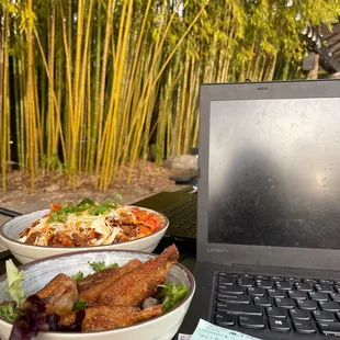 Burrito bowl and Geem Mal-ee on back patio