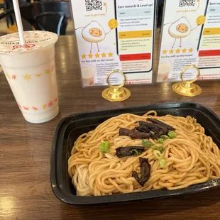 N1. Scallion Oil Noodles and T2. Iced Soy Milk