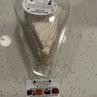 A very large piece of Butter Cake with Cream Cheese Frosting $8 plus dollars