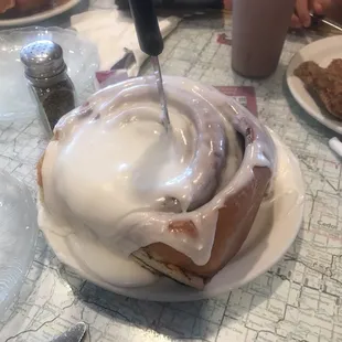 Cinnamon rolls the size of the plate. Great prices, friendly staff, only buffet I'd ever eat from. Homemade food on the buffet!
