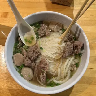 Beef pho with meatballs