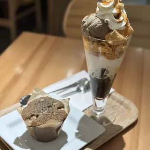 Hojicha Warabimochi Parfait + Hojicha Muffin w/ Walnuts