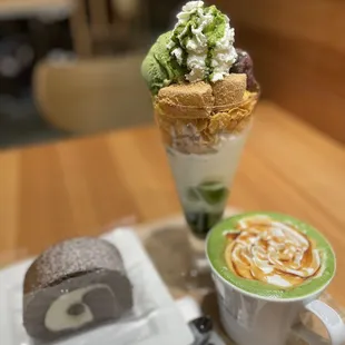 Hojicha Roll cake (left), Matcha Mochi Parfait (center), Matcha Brown Sugar Latte (right)