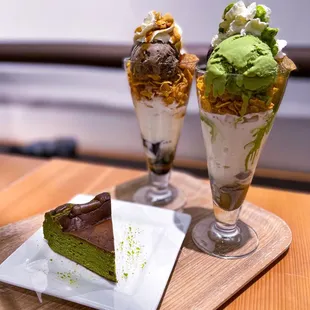 Hojicha Warabimochi Parfait, Matcha Warabimochi Parfait, Matcha Burnt Basque Cheesecake