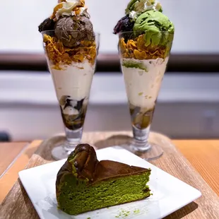 Hojicha Warabimochi Parfait, Matcha Warabimochi Parfait, Matcha Burnt Basque Cheesecake