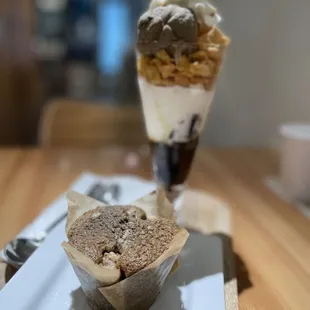 Hojicha Mochi Parfait and Hojicha Muffin w/ Walnuts