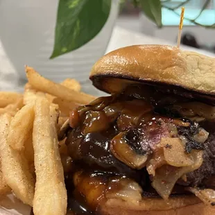 The Cardinal Burger - bacon, caramelized, onions, mushrooms, and barbecue sauce
