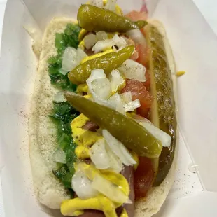 a hot dog with pickles and onions