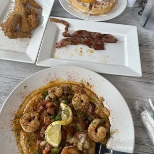 The shrimp and grits. Also the peach cobbler waffle with wings and bacon