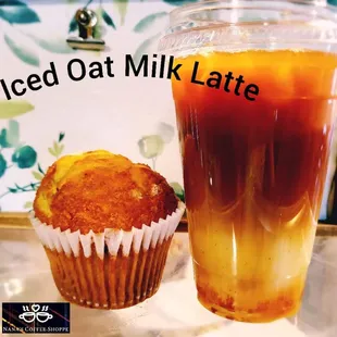 iced oat milk latte and a muffin