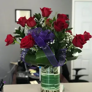 A beautiful bouquet of long-stemmed roses