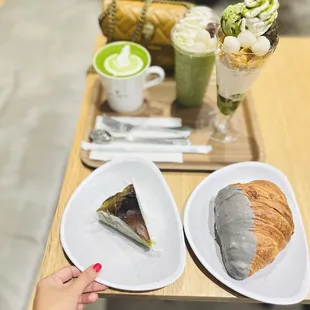 Matcha Burnt Basque Cheesecake, Black Sesame Croissant, Matcha Mochi Parfait, Matcha Latte