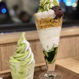 Mochi and red bean parfait and matcha vanilla swirl