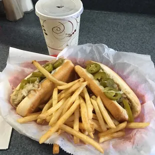Pork dogs with kraut and fries and Pepsi