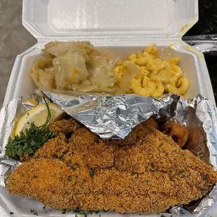 Fried Catfish Fillets, Macaroni and the Cheese, Cabbage