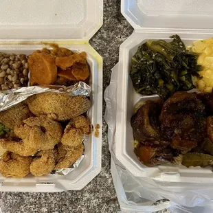 Catfish Fillet Meal (1) Oxtails  For the Sides: Black eye peas, yams, greens and Mac n cheese