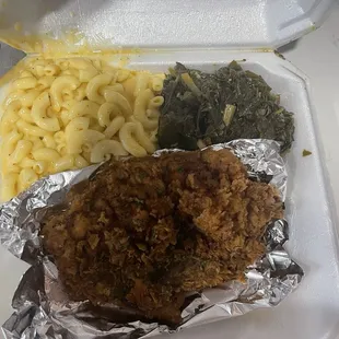 Fried porkchop 1 Greens Macaroni and cheese