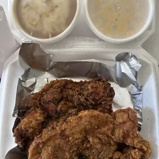 Husbands, fried pork chops, mashed potatoes with brown gravy, and macaroni and cheese