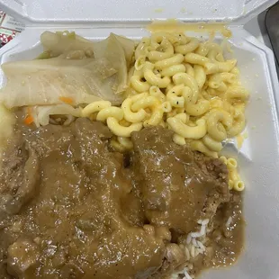 Smothered Pork Chops Macaroni And Cheese  Cabbage