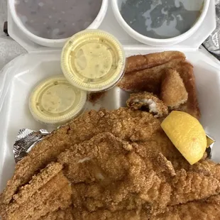 Fried fish and greens and black-eyed peas