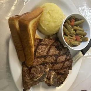 T-bone steak (Thursday steak night) W/mashed potatoes, and green beans