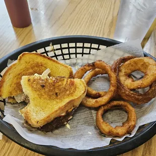 Delicious patty melt with onion rings!!