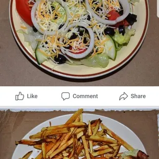 a plate of salad and french fries