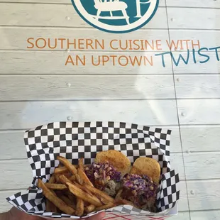 Smoked BBQ pork sliders with cornslaw and fresh cut fries