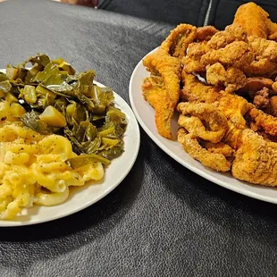 Chicken Wings &amp; Catfish with Mac &amp; Cheese and Collard Greens